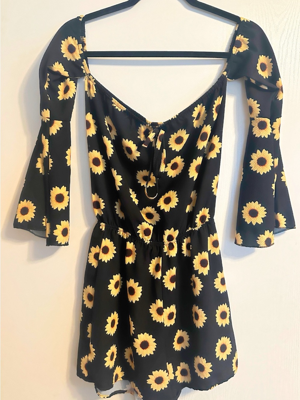 Sunflower Print Black Mini Dress